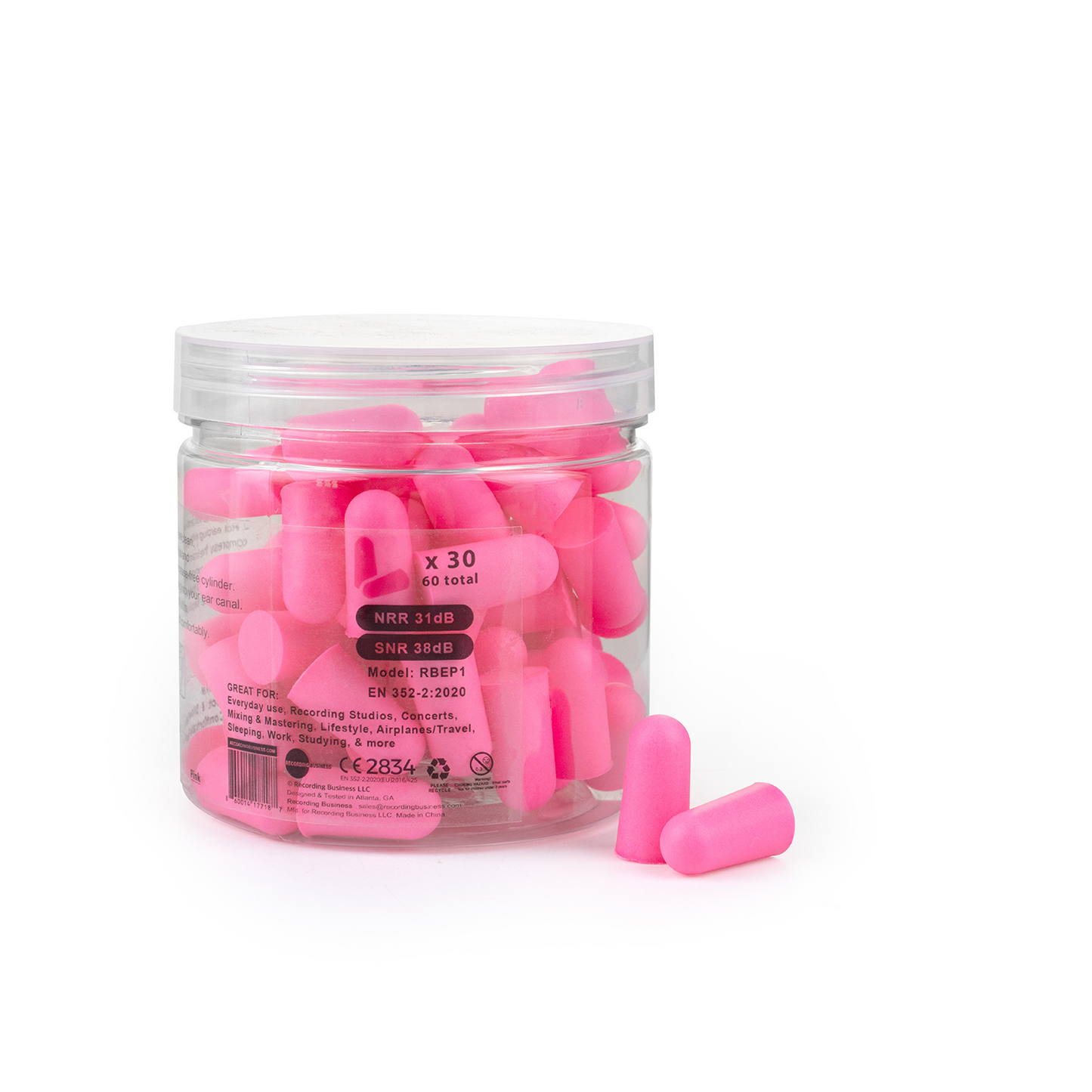 Ultra Soft Earplugs 31dB NRR (30 Pairs) - Pink