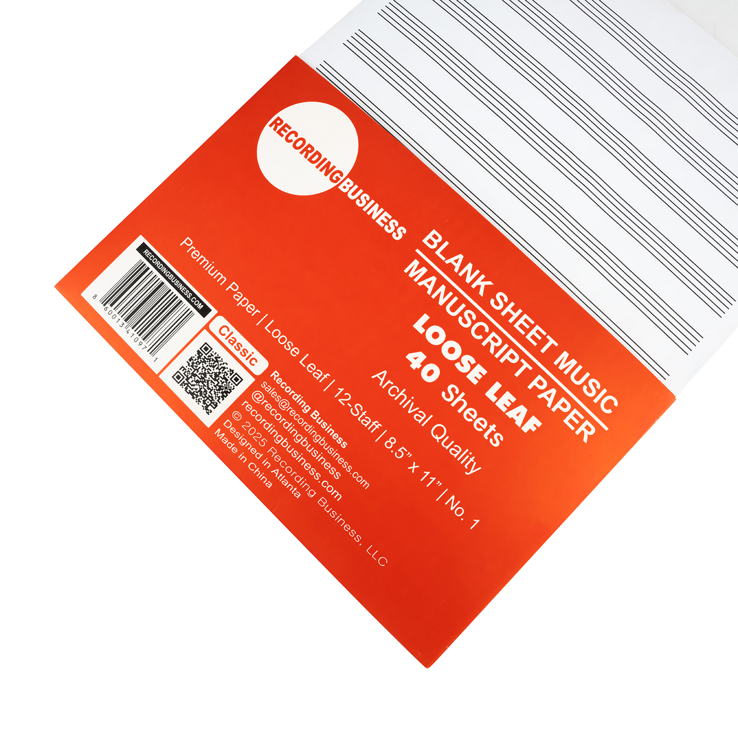 Back of Blank sheet music loose leaf paper with red cover and white pages on a white background