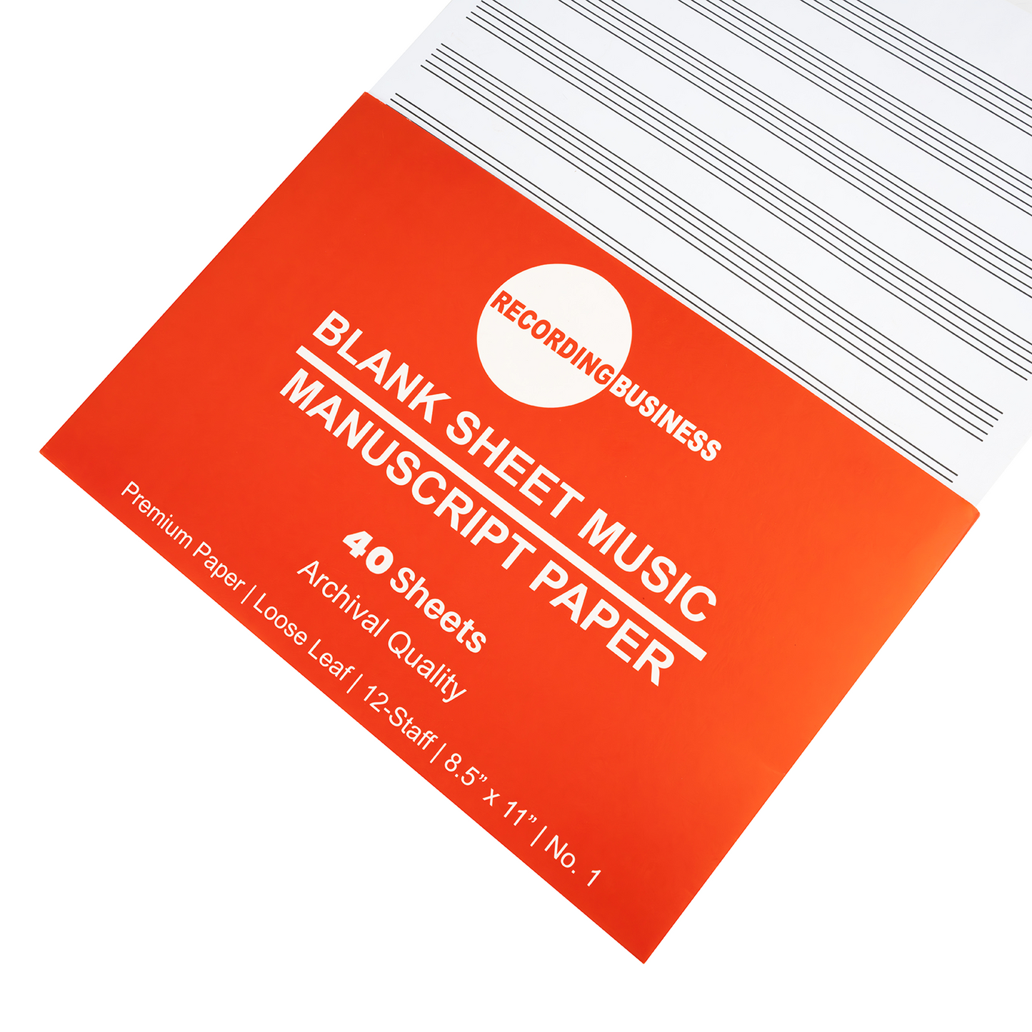 Blank sheet music manuscript paper with red cover and white text on a white background