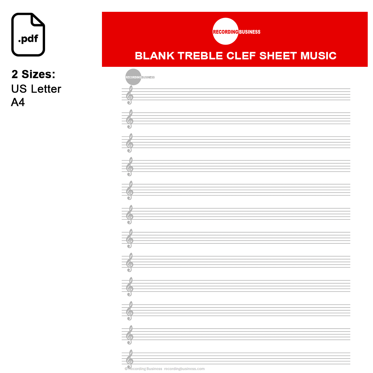 Blank Treble Clef Sheet Music (Manuscript Paper) 12-Staff Printable PDF