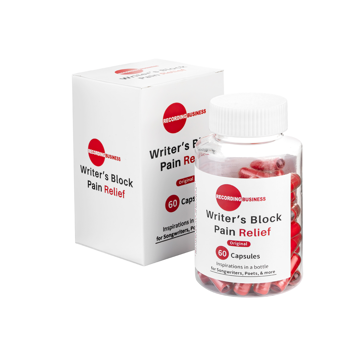 Bottle and box of 'Writer's Block Pain Relief' capsules on a white background