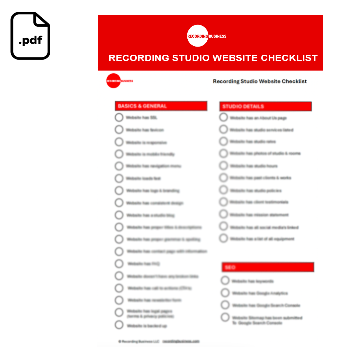 Recording Studio Website Checklist Printable PDF