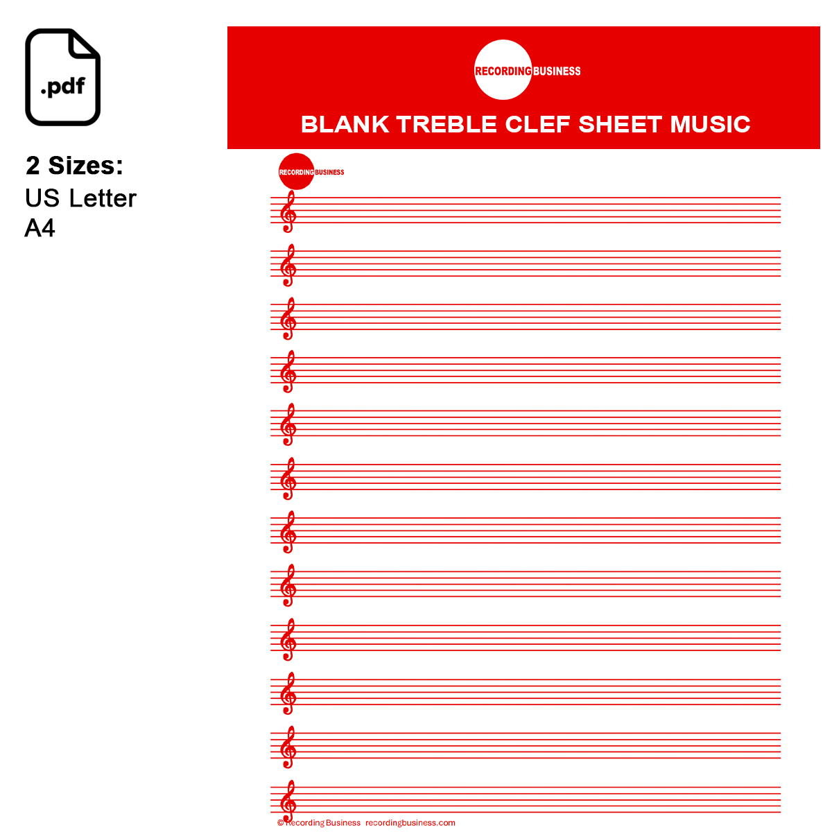 Blank Treble Clef Sheet Music (Manuscript Paper) 12-Staff Printable PDF