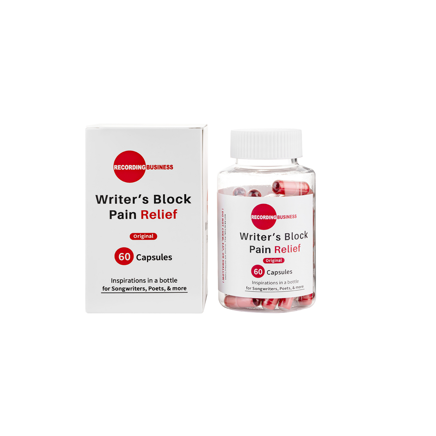 Bottle and packaging of 'Writer's Block Pain Relief'