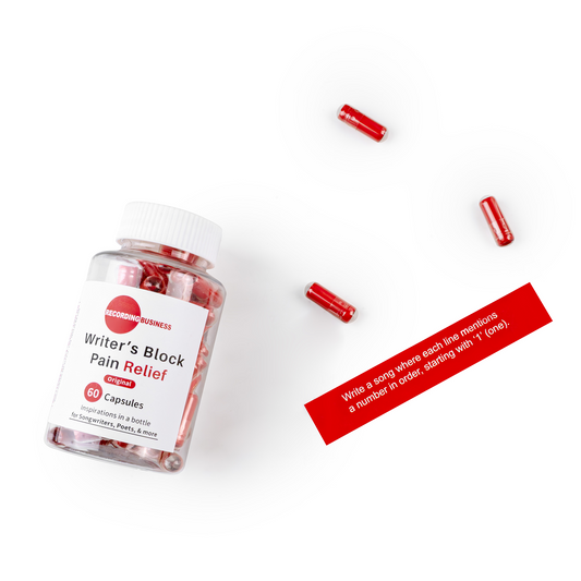 Jar of 'Writer's Block Pain Relief' capsules with scattered capsules