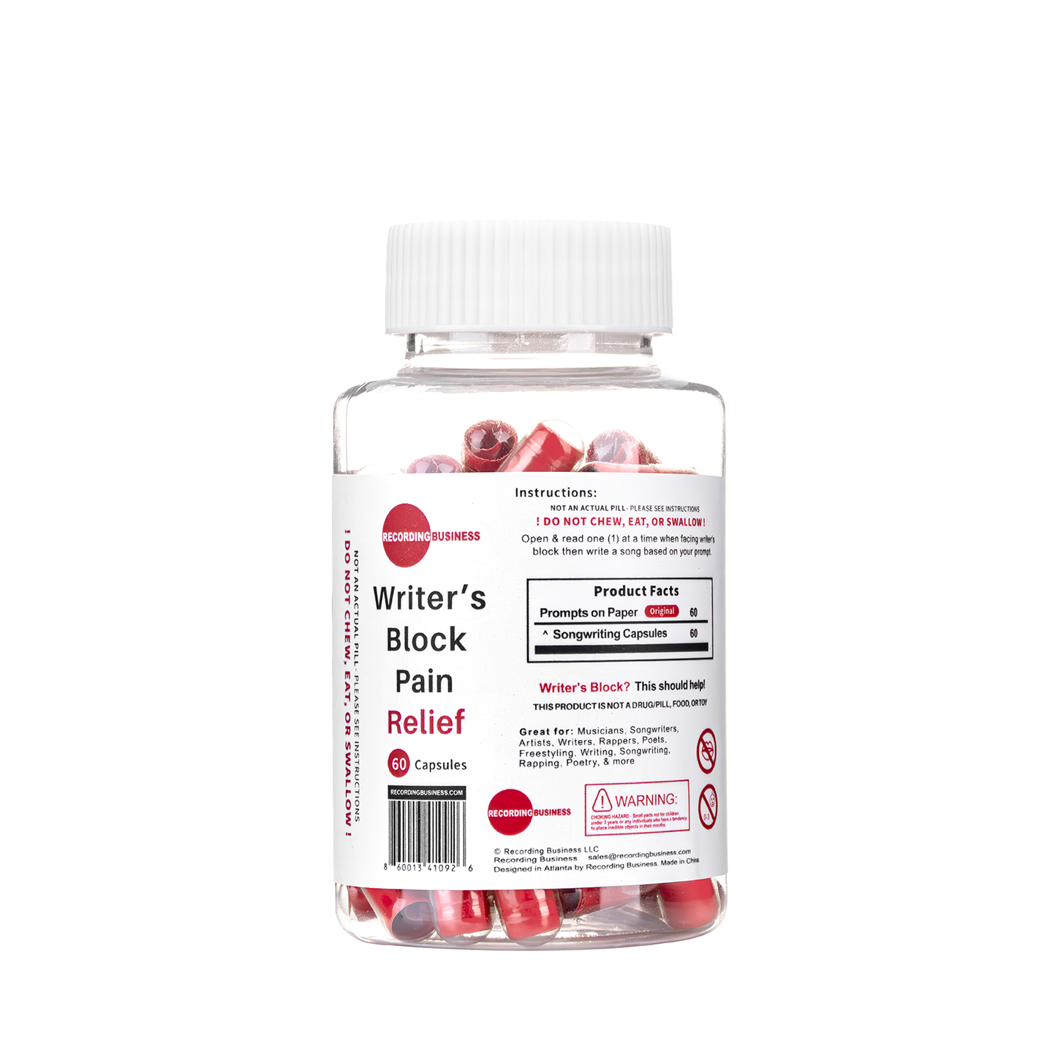 Back of Bottle of 'Writer's Block Pain Relief'