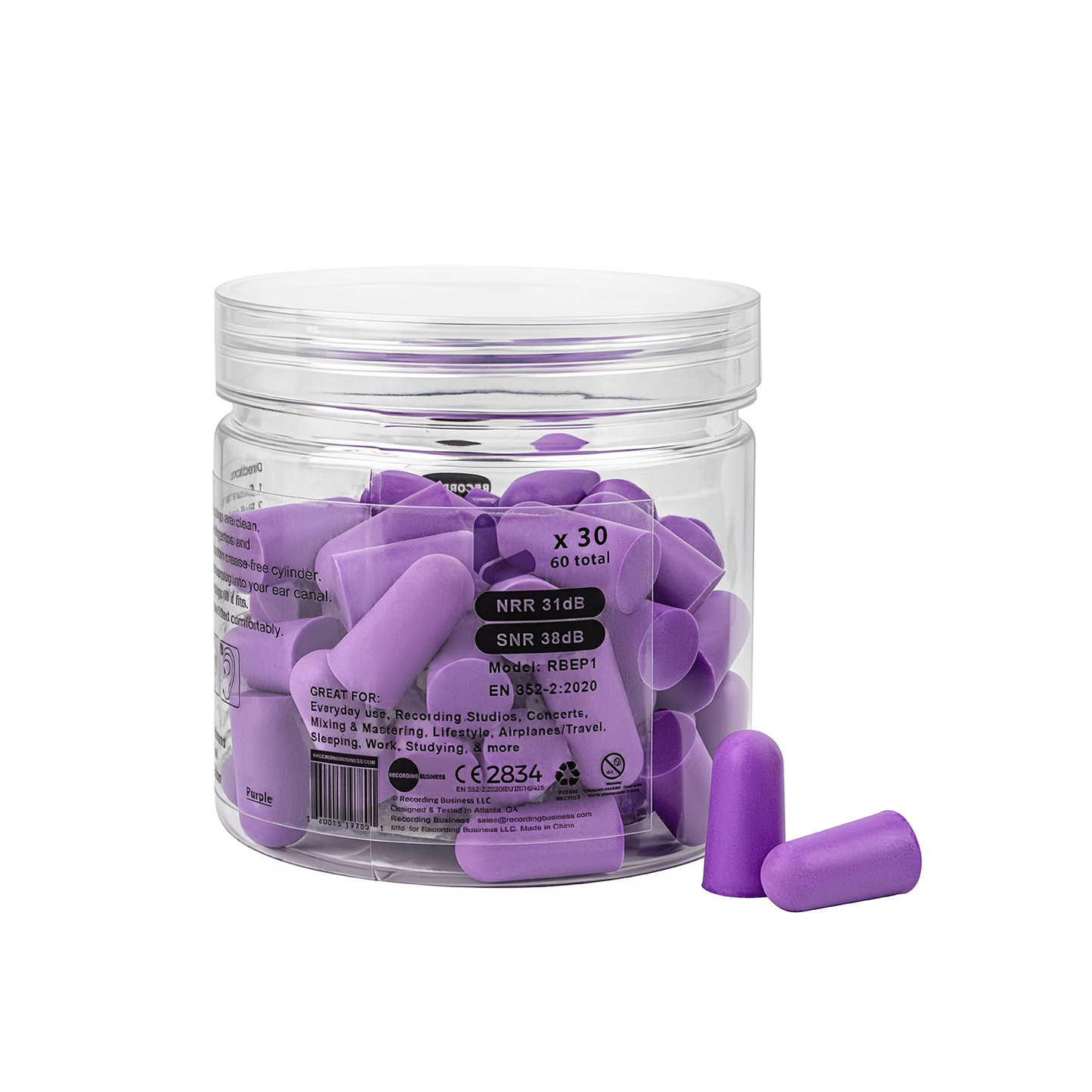 Ultra Soft Earplugs 31dB NRR (30 Pairs) - Purple