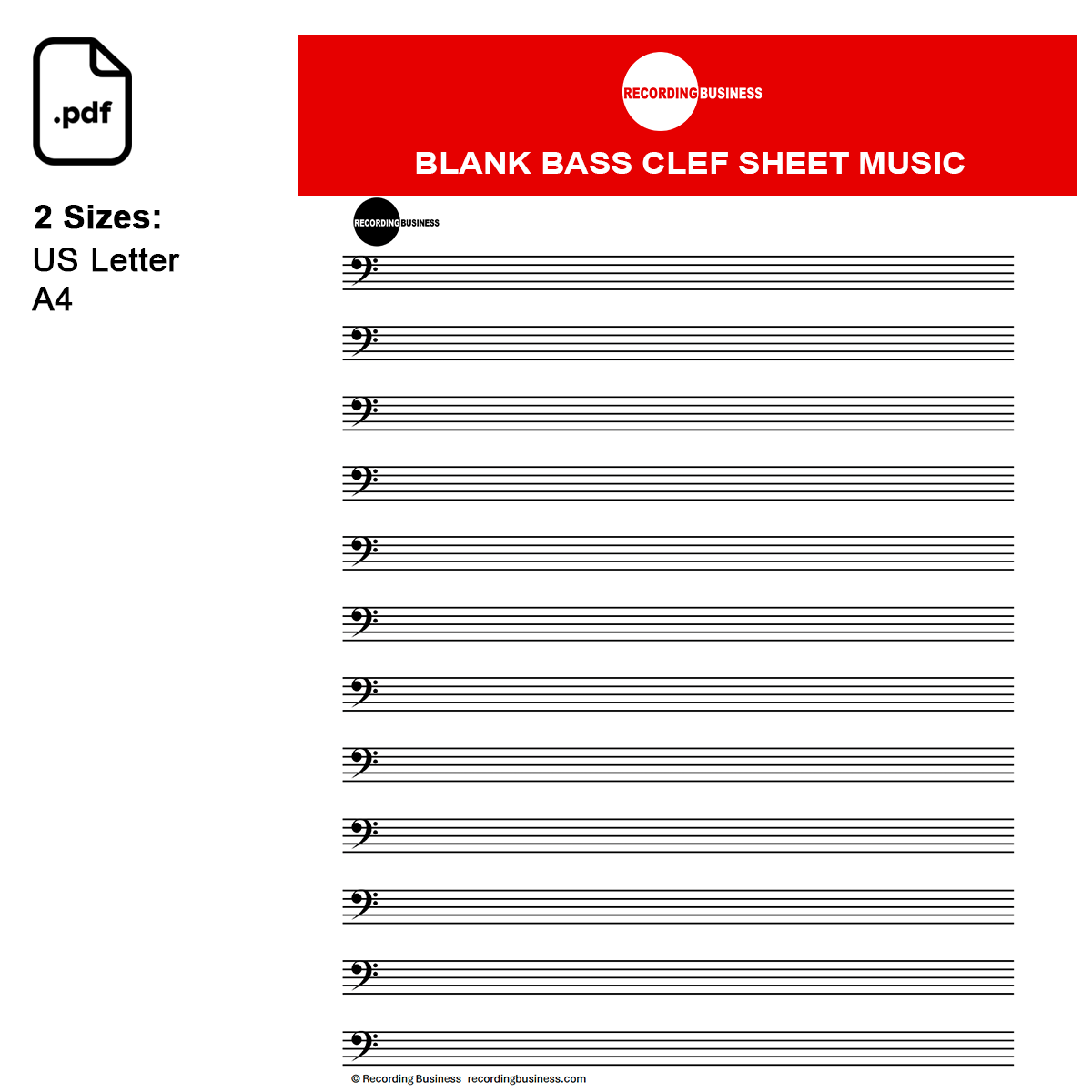 Blank Bass Clef Sheet Music (Manuscript Paper) 12-Staff Printable PDF