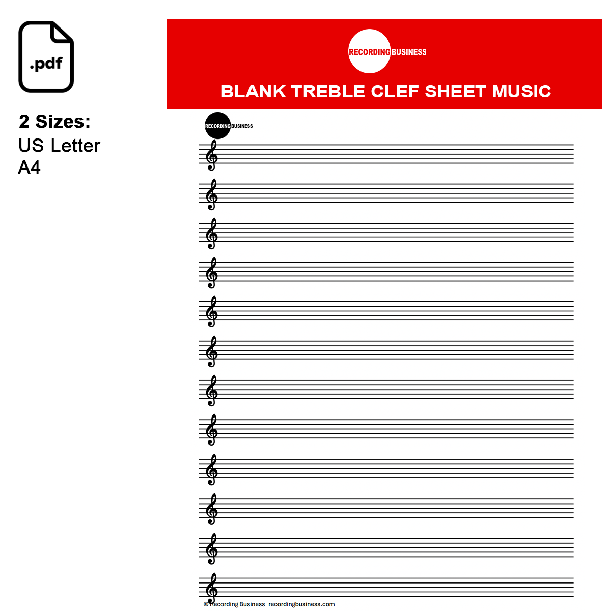 Blank Treble Clef Sheet Music (Manuscript Paper) 12-Staff Printable PDF