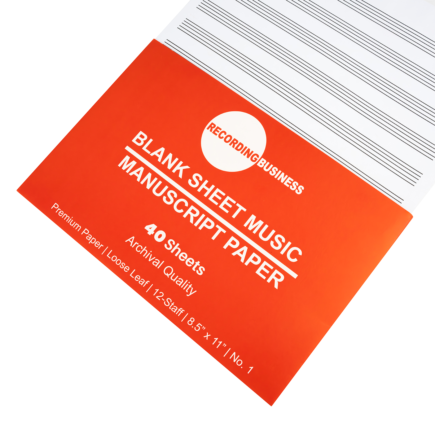 Blank sheet music manuscript paper with red cover and white text on a white background