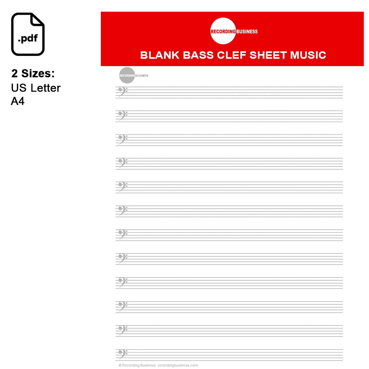 Blank Bass Clef Sheet Music (Manuscript Paper) 12-Staff Printable PDF